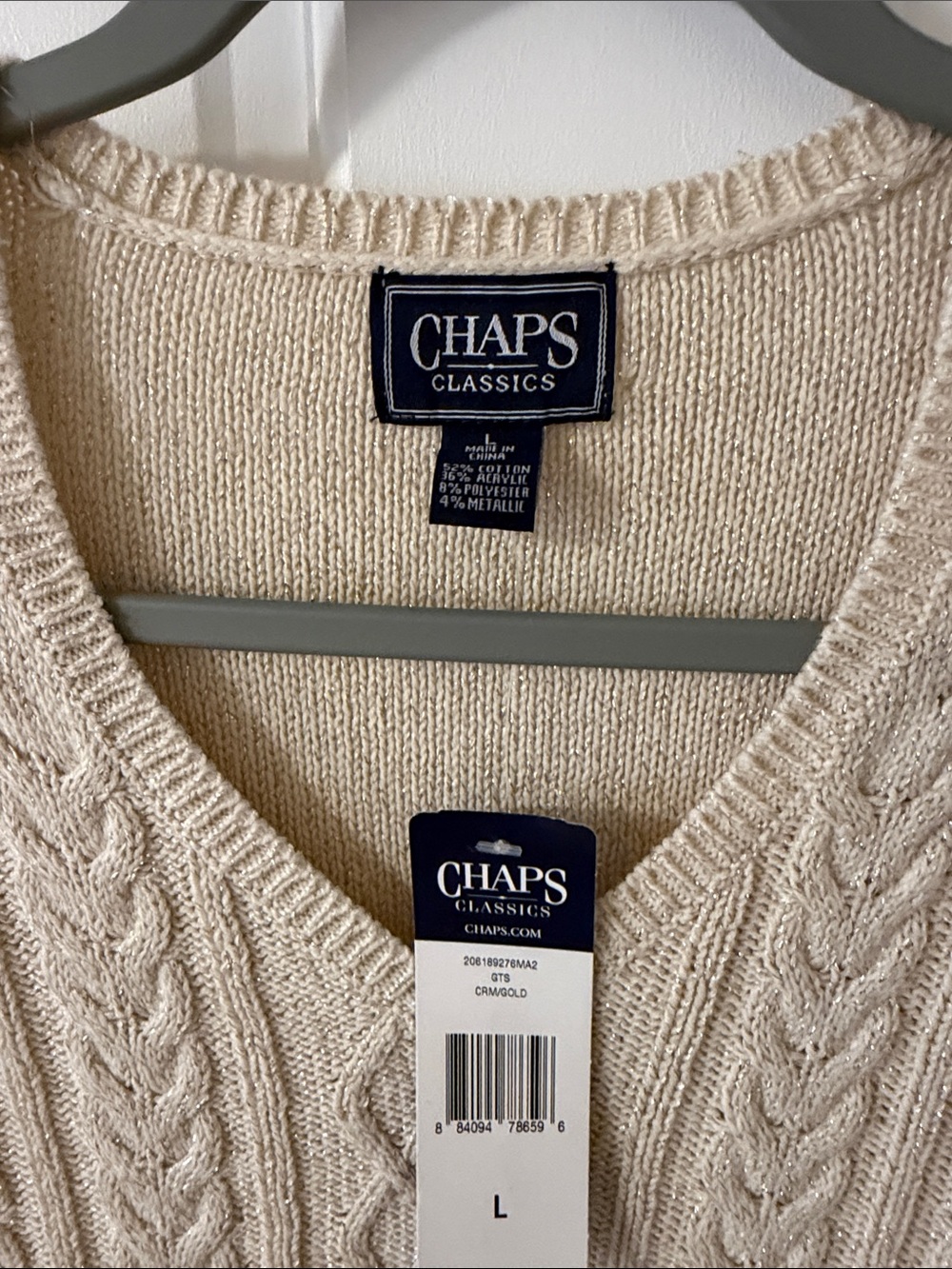 NWT Chaps Classics Metallic Shimmer
Cable Knit V-Neck Sweater Cream Large - Picture 2 of 6